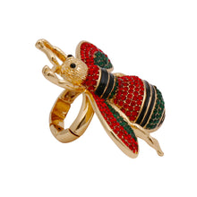 Load image into Gallery viewer, Designer Style Green and Red Rhinestone Bee Stretch Ring
