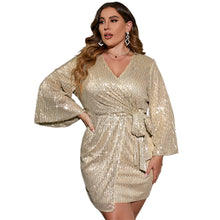 Load image into Gallery viewer, Plus Size Long Sleeve Tie Waist Sequin Dress
