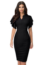 Load image into Gallery viewer, Notched Neck Flutter Sleeve Pencil Dress
