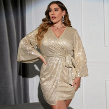 Load image into Gallery viewer, Plus Size Long Sleeve Tie Waist Sequin Dress
