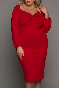 Long Sleeve Front Knot Plus Size Midi Dress