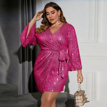 Load image into Gallery viewer, Plus Size Long Sleeve Tie Waist Sequin Dress
