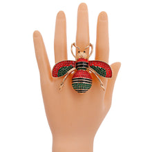 Load image into Gallery viewer, Designer Style Green and Red Rhinestone Bee Stretch Ring
