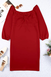 Long Sleeve Front Knot Plus Size Midi Dress