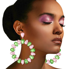 Load image into Gallery viewer, Pink Green Glass Drop Hoop Earrings
