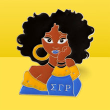 Load image into Gallery viewer, Blue Gold Curly Hair Woman Pin
